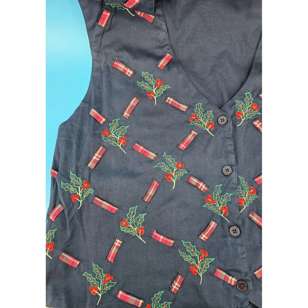 Vtg Bobbie Brooks Christmas Vest Womens 18/20W Blue Embroidered Holly Ribbon Mom